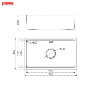Bản vẽ chậu rửa bát 1 hố chống xước Konox 8146Su dekor
