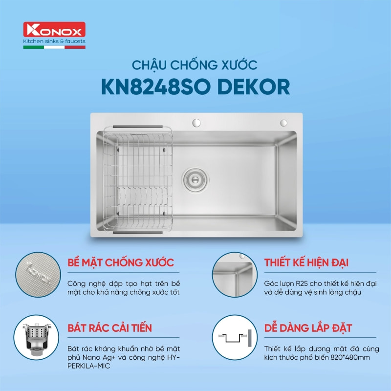 Top 5 Chậu Rửa Bát Konox Hot Trend Năm 2024 – Xu Hướng Nhà Bếp Hiện Đại Tính năng chậu rửa bát 1 hố chống xước Konox KN8248SO Dekor